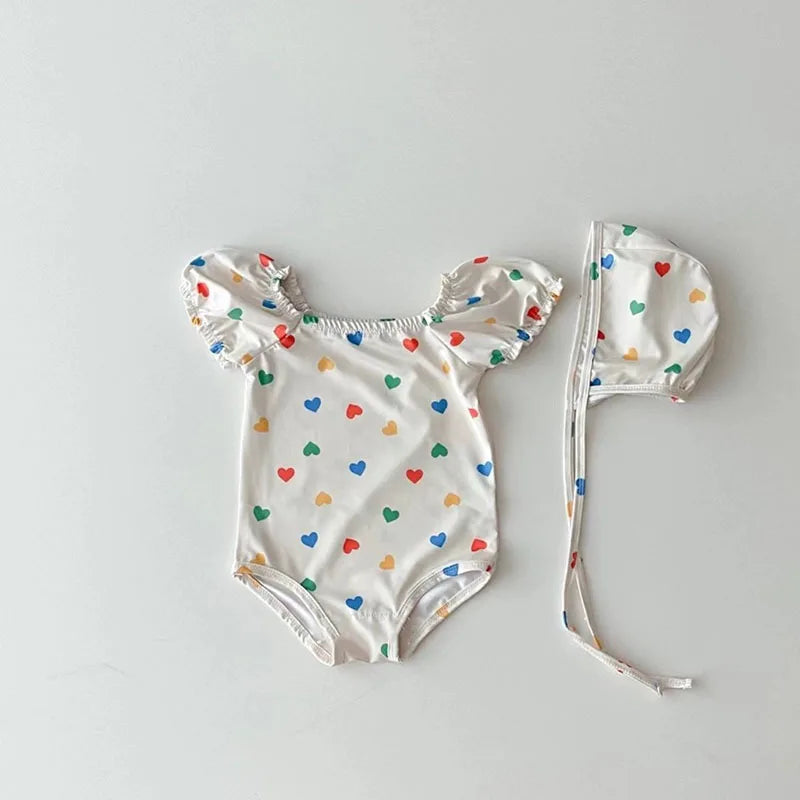 MILANCEL 2pcs Summer Kids Baby Girl Swimming Wear One Piece Heart Print Girls' Swimsuits Toddler Swimwear