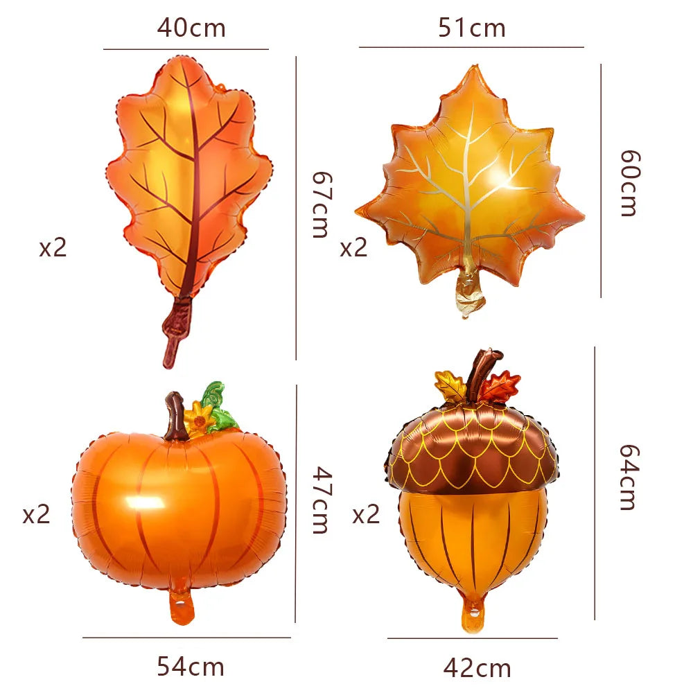 8Pcs Happy Fall Balloons Pumpkin Big Maple Leaves Acorn Balloons Fall Mylar Foil Balloons ThanksGiving Home Festival Decorations