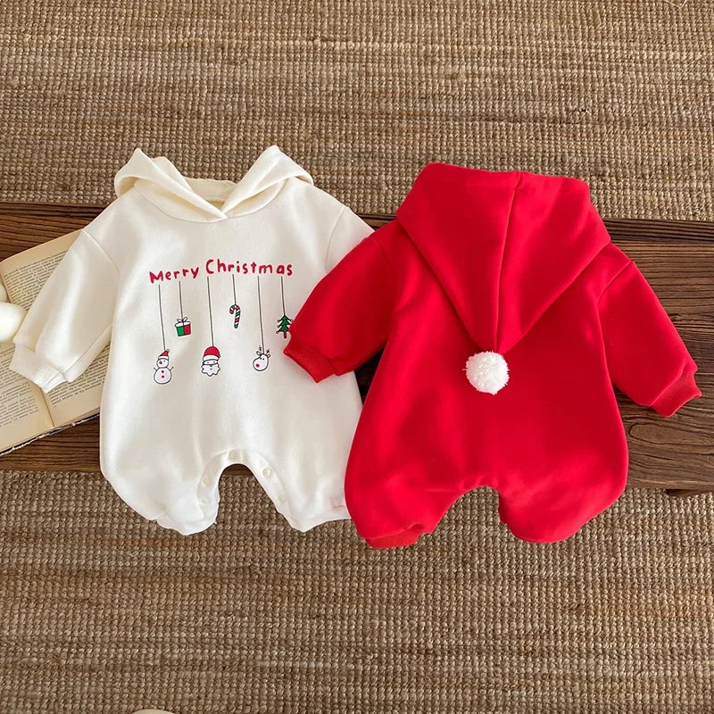 Infant Baby Boys Girls Christmas Romper Long Sleeve Thicken Hooded Letters Print Jumpsuit Fall Winter Newborn Clothes Christmas