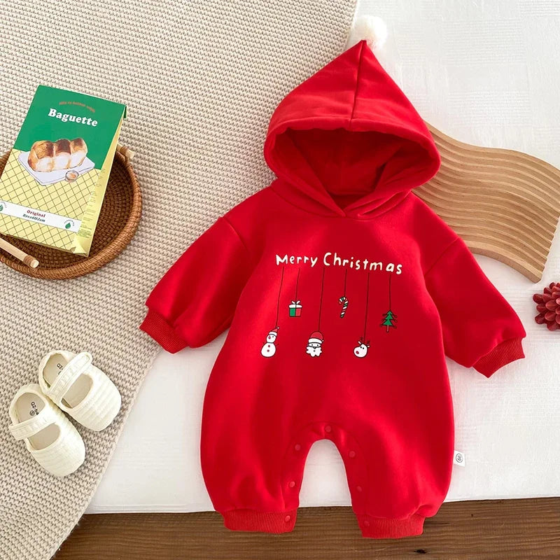 Infant Baby Boys Girls Christmas Romper Long Sleeve Thicken Hooded Letters Print Jumpsuit Fall Winter Newborn Clothes Christmas