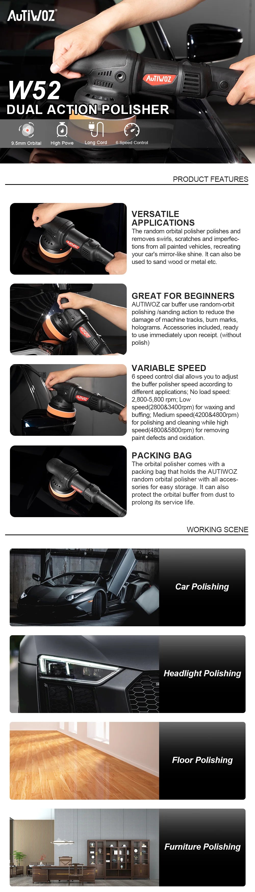 AUTIWOZ Car Polishing Machine Dual Action Car Polisher DA 920W High Power Random 9mm Random Orbital Machine Auto Waxing Tool