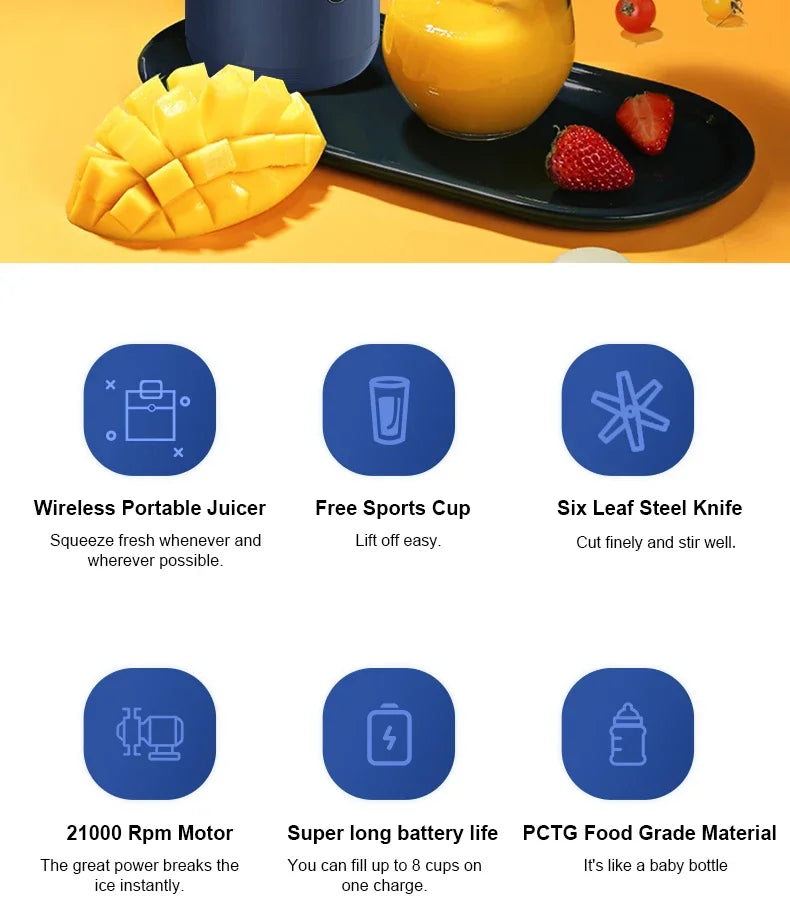 6 Blade Portable Juicer USB Rechargeable Juicer Stainless Steel Blade Cup Juicer Fruit Automatic Smoothie Blender Kitchen Tool